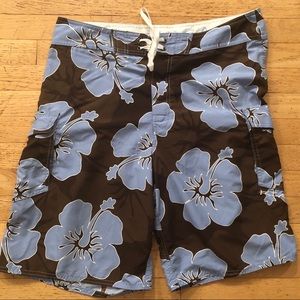 Kirra Men’s Board Shorts Hibiscus Print Brown Blue